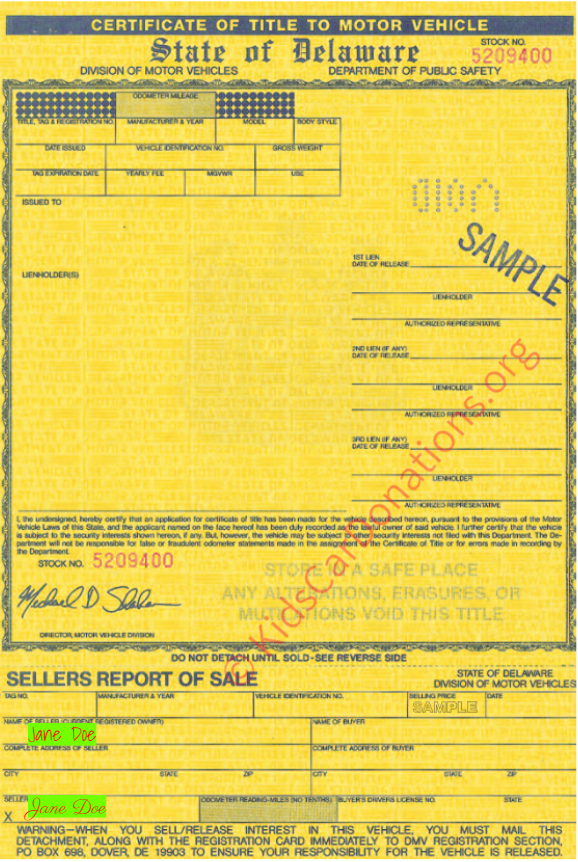 This is an Example of Delaware Certificate of Title (MV-202A, 1997) Front View | Kids Car Donations